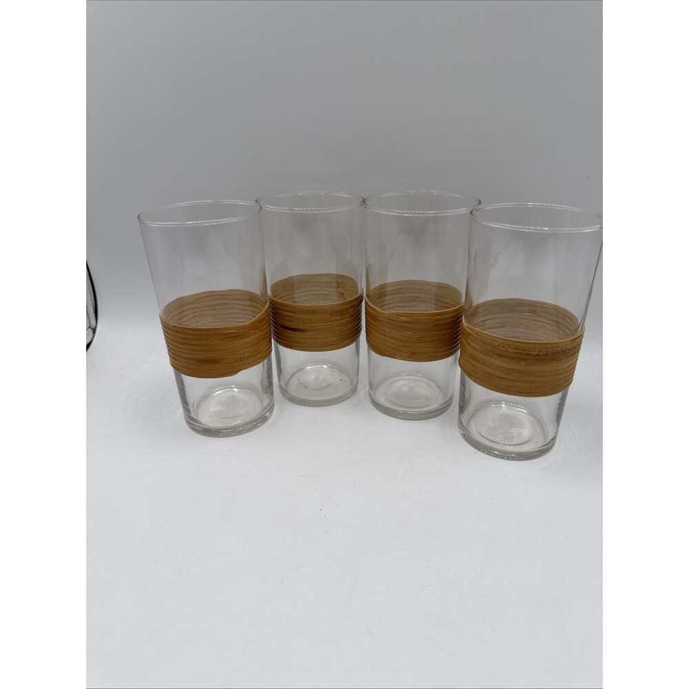 Vintage Rattan Wrapped Highball Glasses Set of 4 Boho Coastal MCM Barware 5.5”